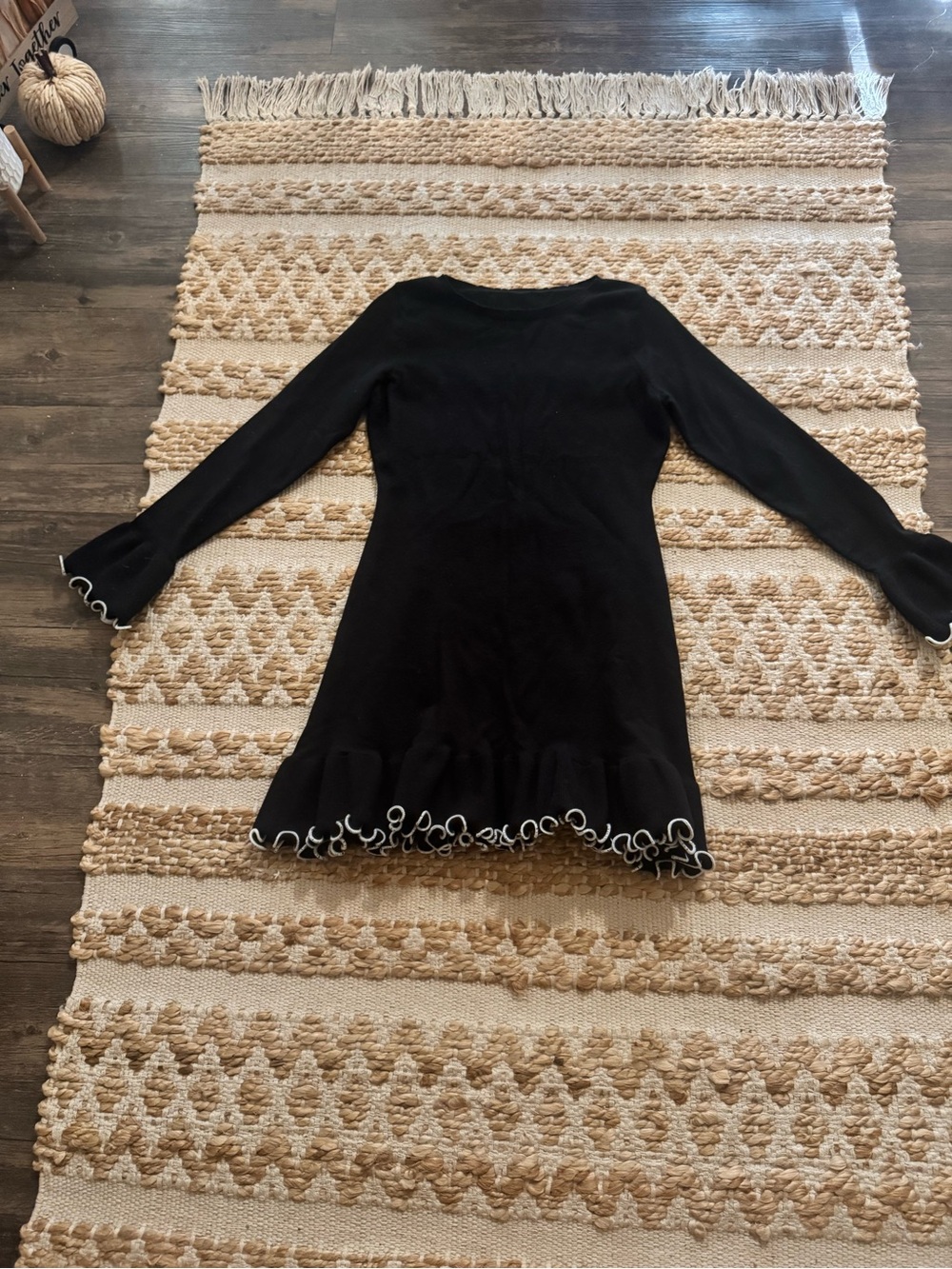 SHEIN Black Long-Sleeve Ruffle Hem Dress with White Trim
